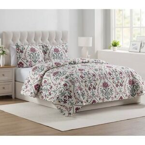 NEW 3 Piece Floral Quilt Set Full Queen Damask Floral Boho Cottage Feminine Pink
